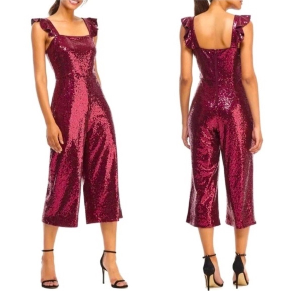 Gal Meets Glam Sequin Jumpsuit Size 0 – Burgundy Glitter Wide‎ Leg Party Romper